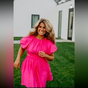 Hot Pink One Piece Dress w/ Puffy Sleeves